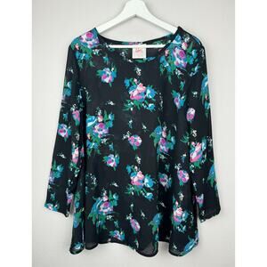 Vintage Eber Top Womens Size M Black Long Sleeve Floral Sheer Boho Career Work